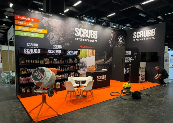 Exhibition booth construction process at NEC Birmingham venue UK