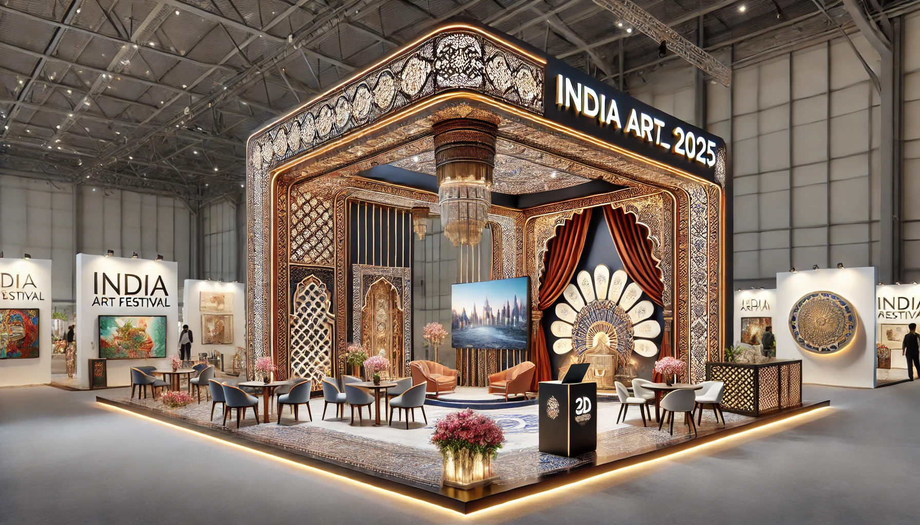 Brightly lit product display booth with minimalistic design, perfect for showcasing consumer goods at INDIA ART FESTIVAL 2025