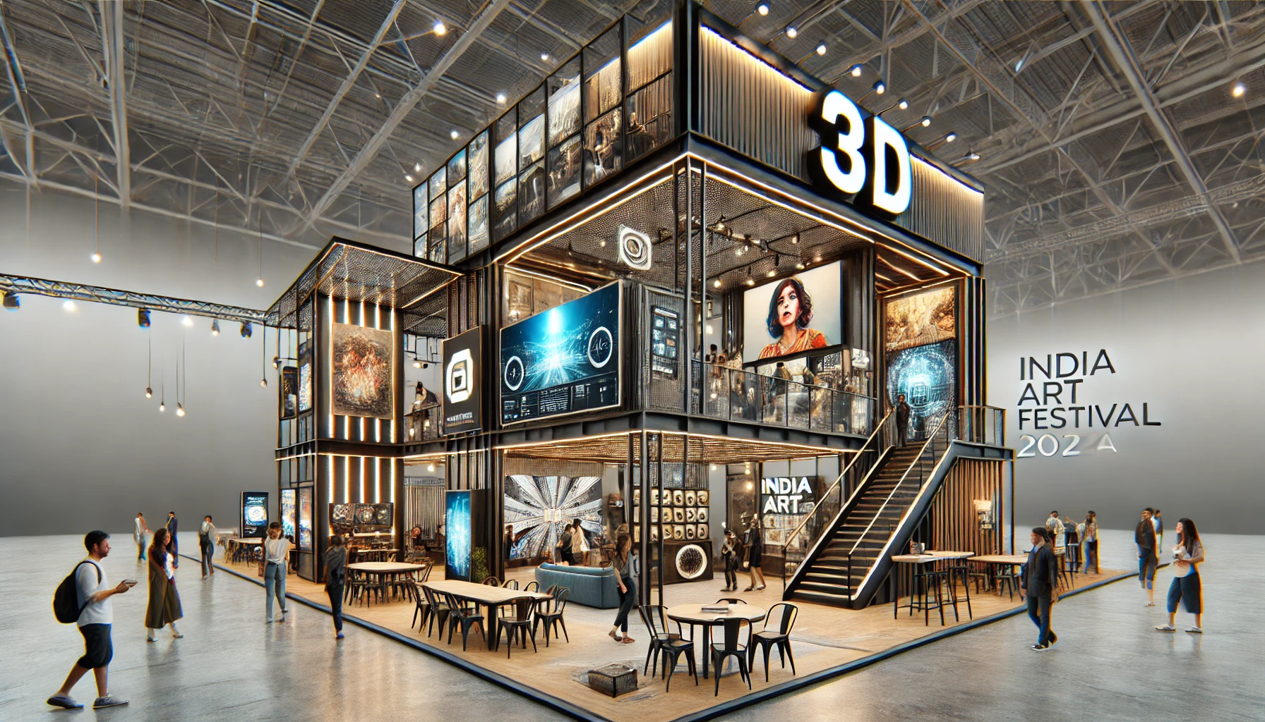 Contemporary booth showcasing lighting and decor items with an open, modern design at INDIA ART FESTIVAL 2025 Mumbai